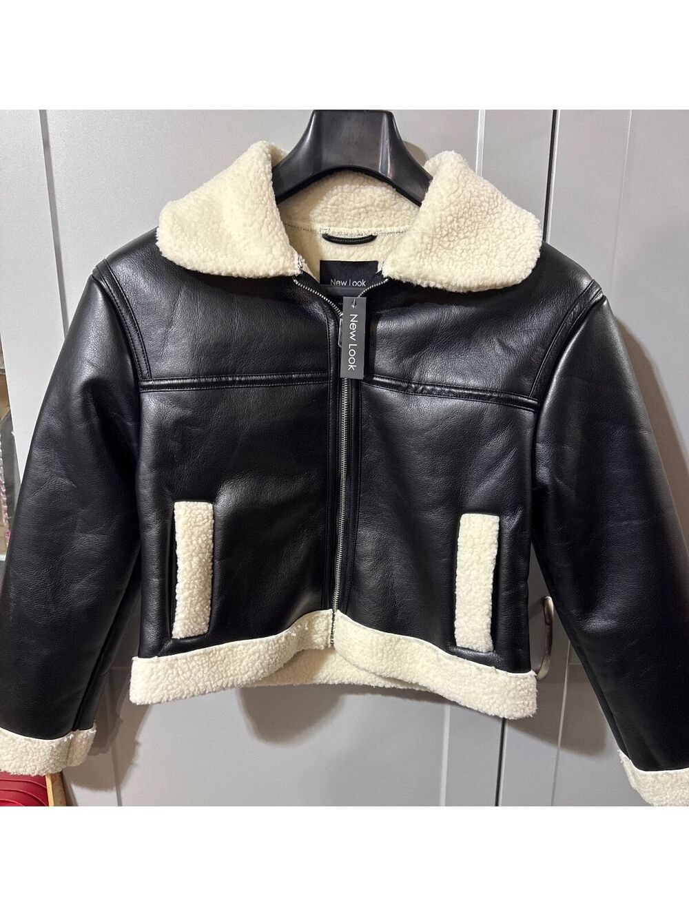 New Look Faux Leather Sherpa Jacket Size L - Cozy Chic Alert